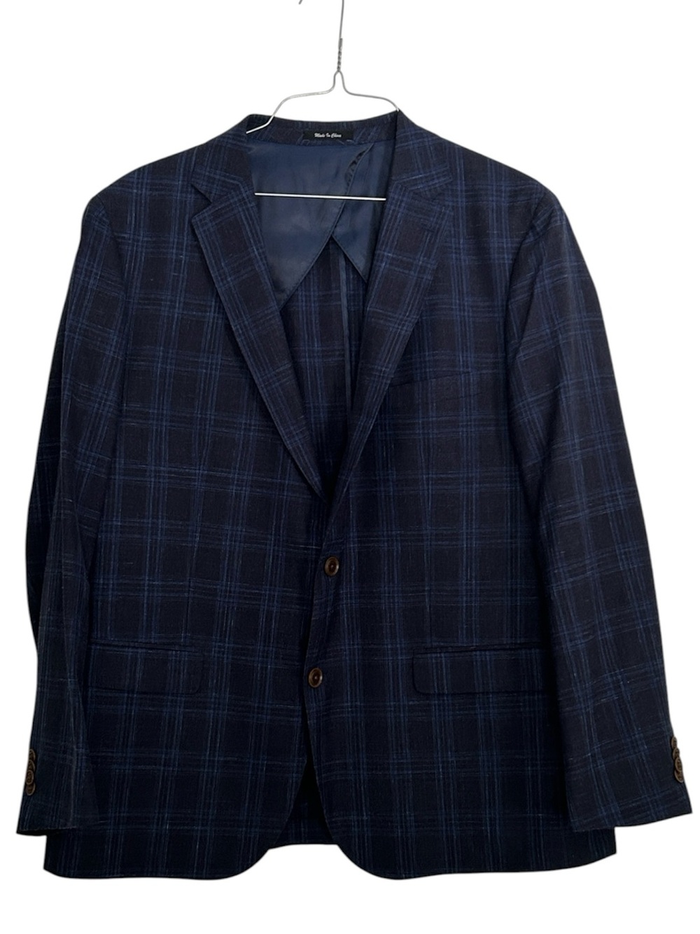 Paul Betenly Navy Blue Plaid 2 button double vent Blazer. Size 48R. Wool & Linen